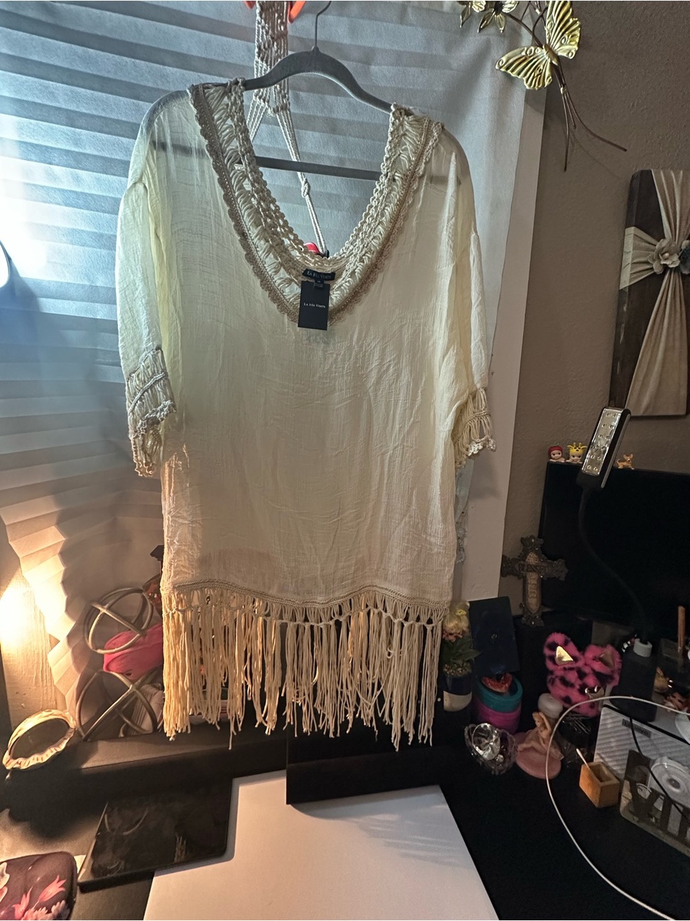 Boho Fringe V-Neck Tunic Top - Cream